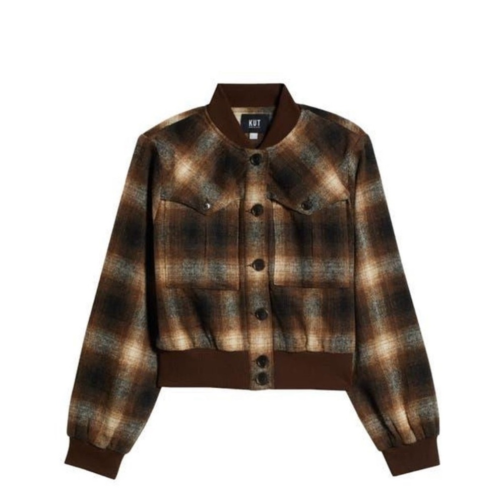Kut from the Kloth Women's Brown and Cream Plaid Bomber Jacket